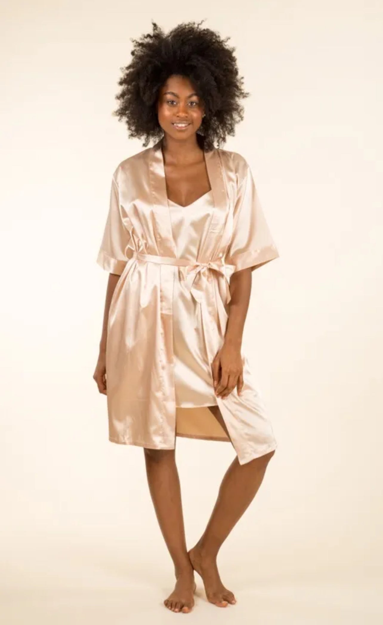 PEIGNOIR MI LONG AVEC NUISETTE CHAMPAGNE