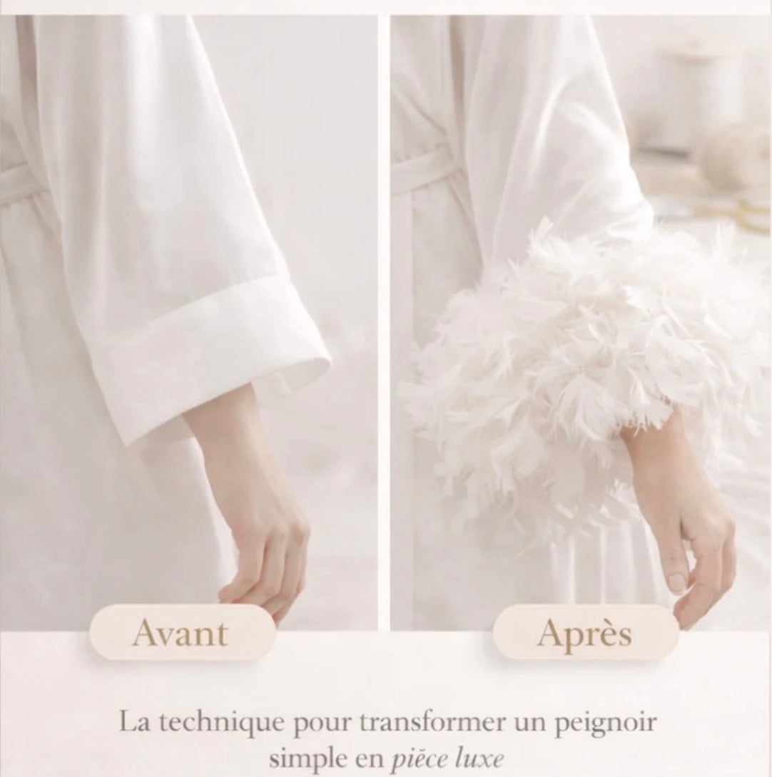 Composition de plumes blanches – Couture peignoir mariée