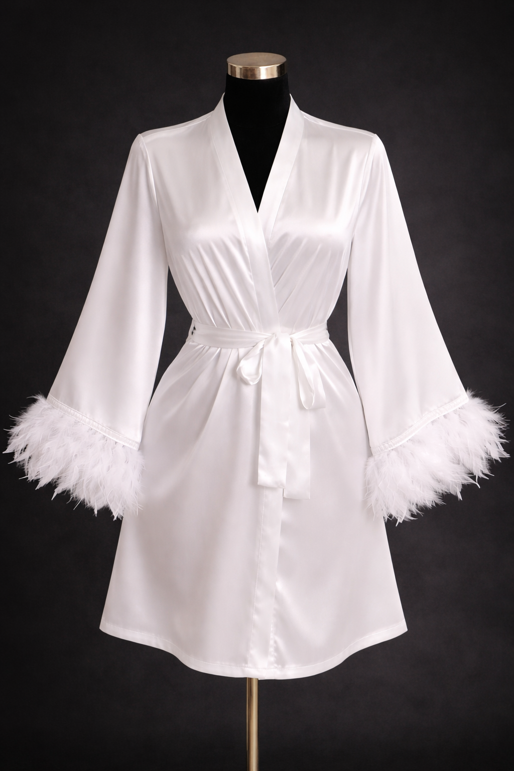 PEIGNOIR SATIN PLUME BLANC MI-LONG