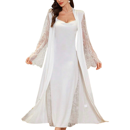 PEIGNOIR+ NUISETTE SATIN LONG DENTELLE BLANC
