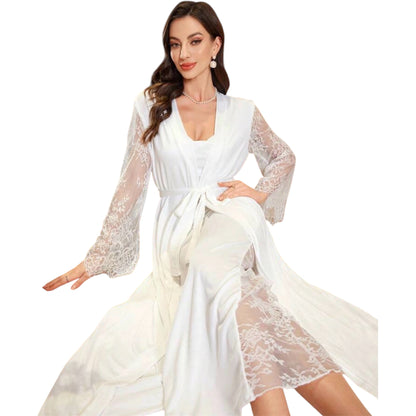 PEIGNOIR+ NUISETTE SATIN LONG DENTELLE BLANC
