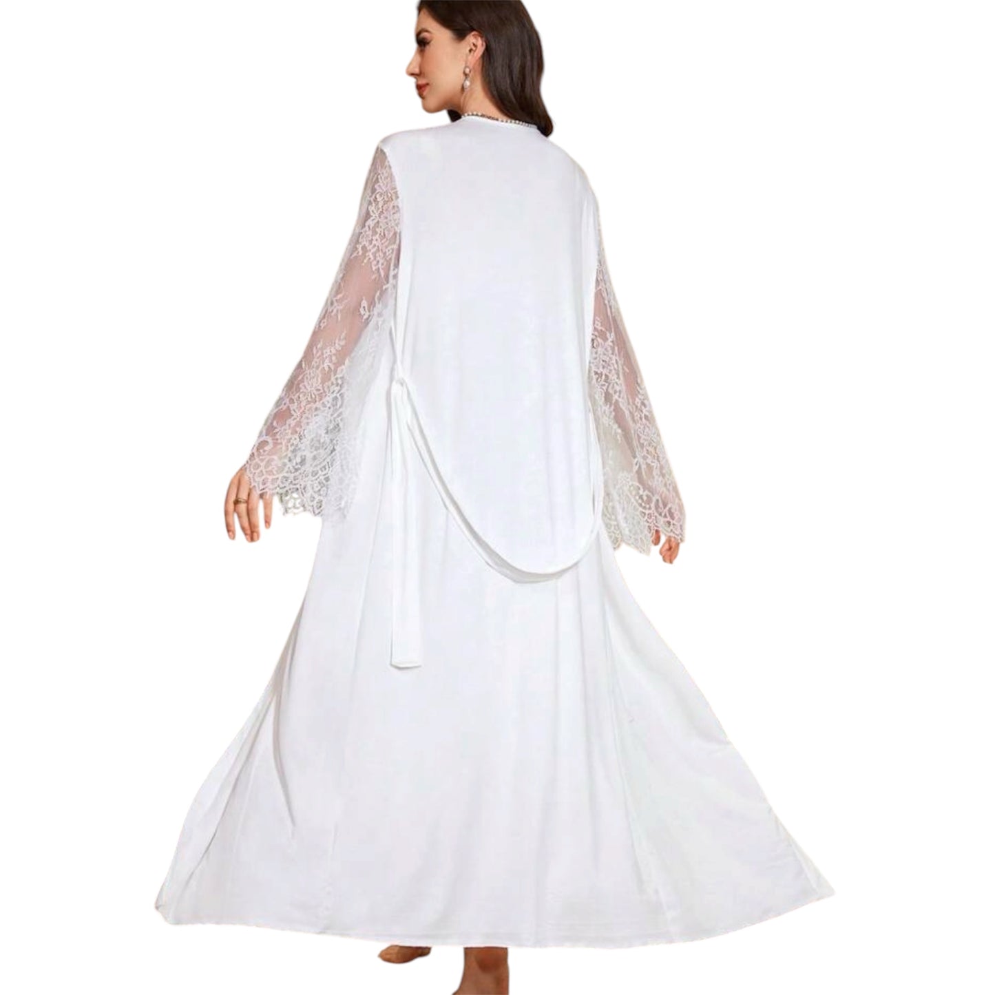 PEIGNOIR+ NUISETTE SATIN LONG DENTELLE BLANC
