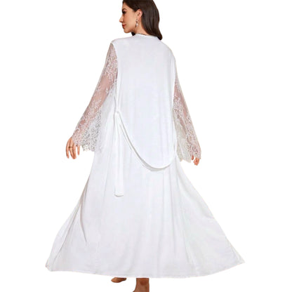 PEIGNOIR+ NUISETTE SATIN LONG DENTELLE BLANC